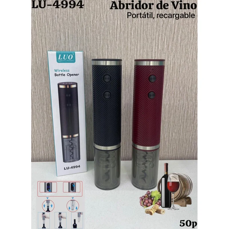 Abridores de vino eléctricos negro y rojo junto a una botella