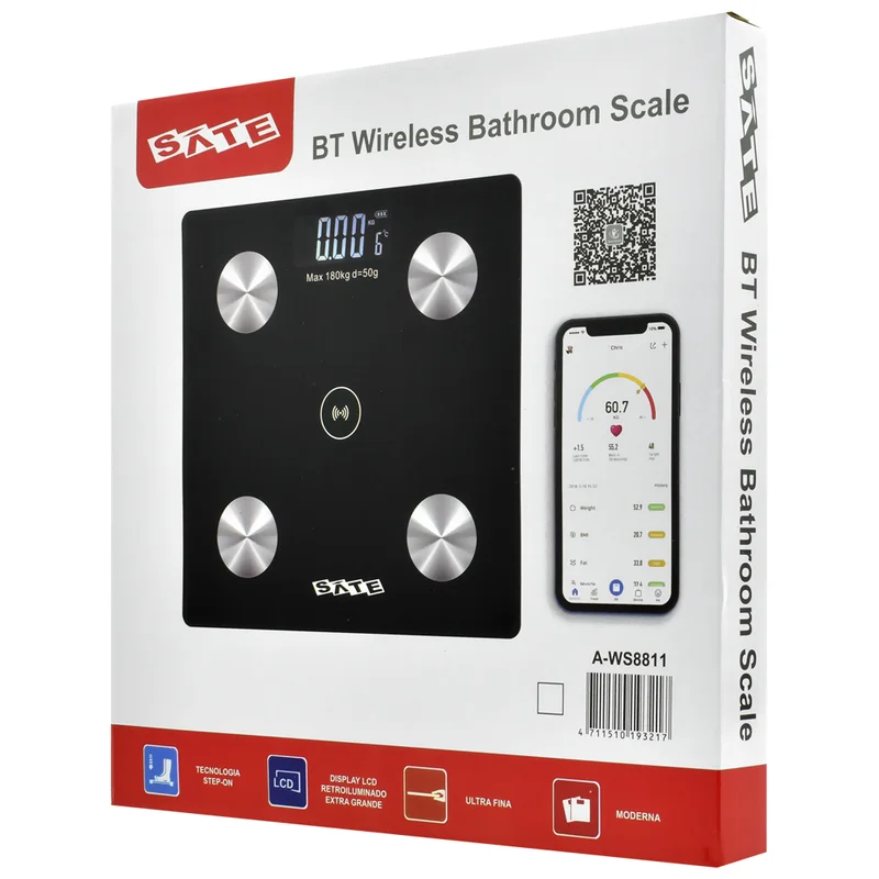 Balanza de baño digital negra junto a su caja con la app en el celular