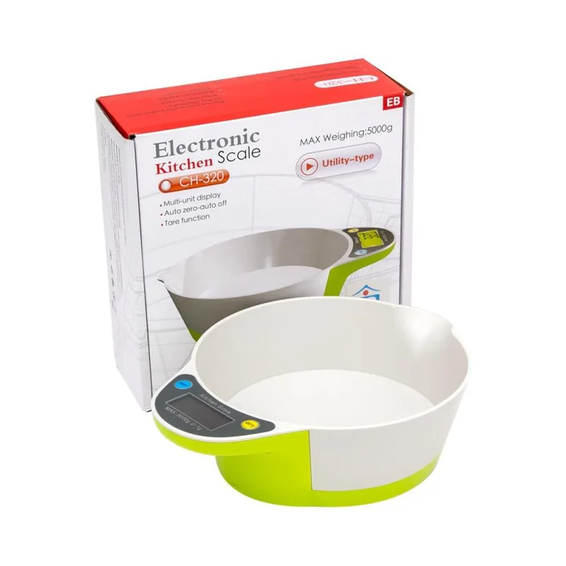 Balanza digital de cocina con bol blanco y verde junto a su caja