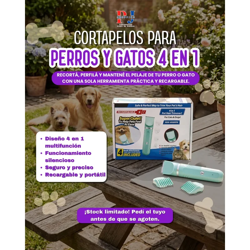Cortapelos 4 en 1 recargable para mascotas con sus cabezales