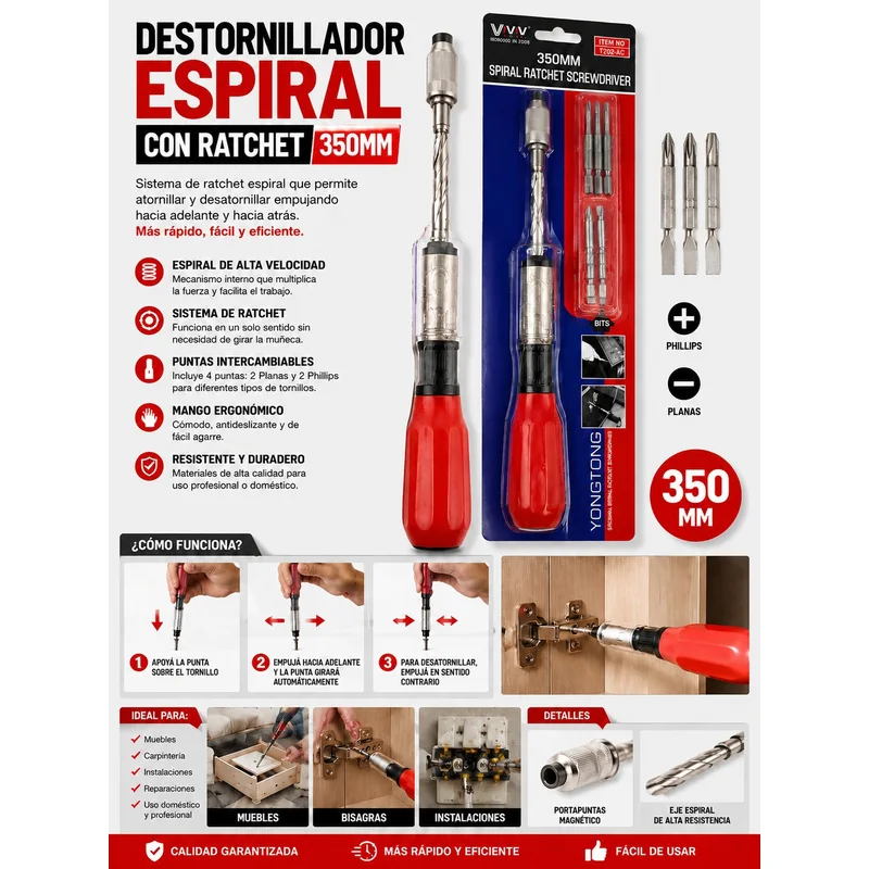 Destornillador espiral con ratchet y puntas en su blíster