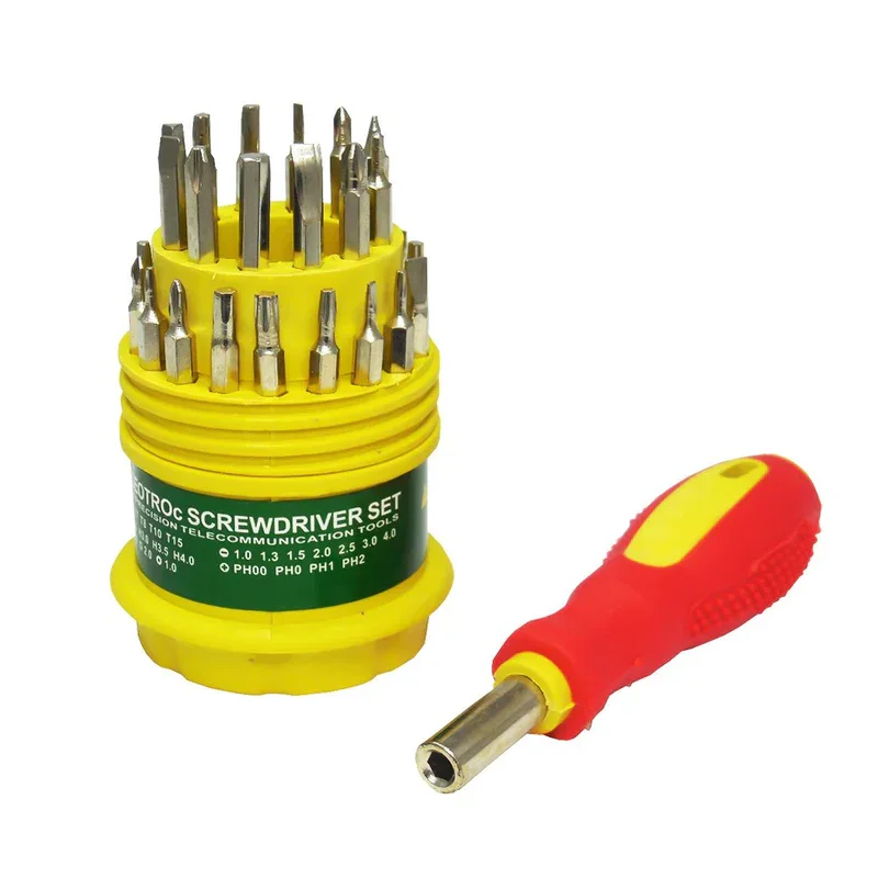 Juego de destornilladores de precisión con puntas intercambiables en su estuche amarillo