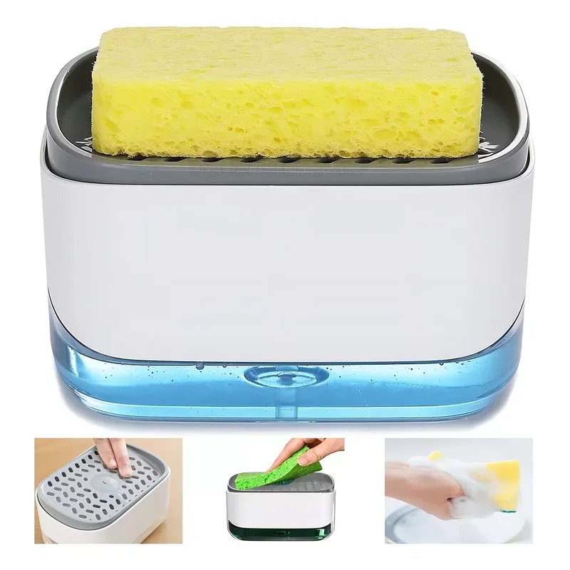 Dispenser de detergente blanco con una esponja amarilla encima