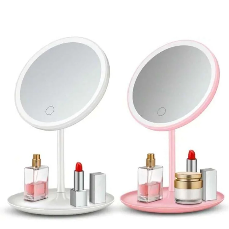 Espejos de tocador redondos con luz LED, blanco y rosado, con bandeja para cosméticos