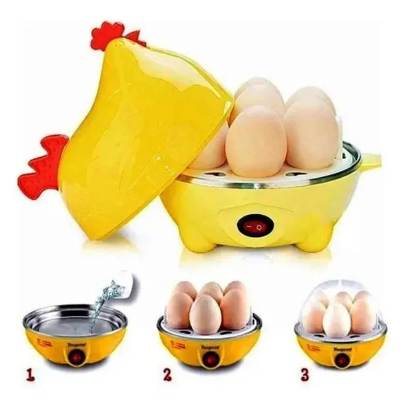 Hervidor eléctrico de huevos amarillo con tapa en forma de gallina