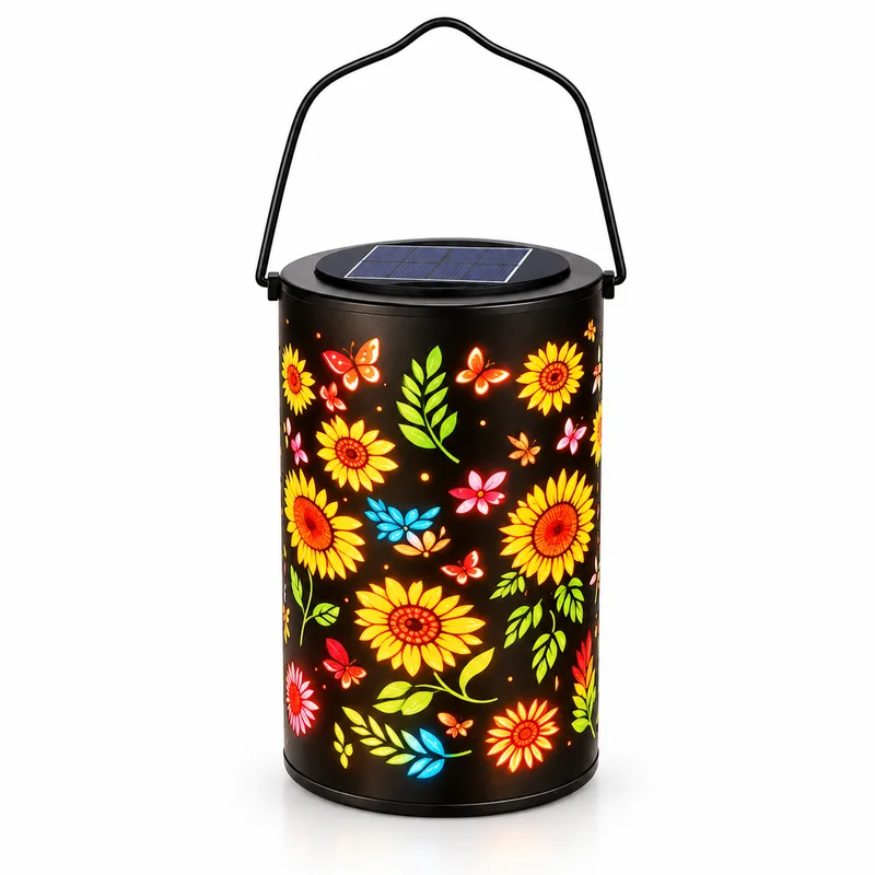 Farol solar negro con flores de colores y manija para colgar