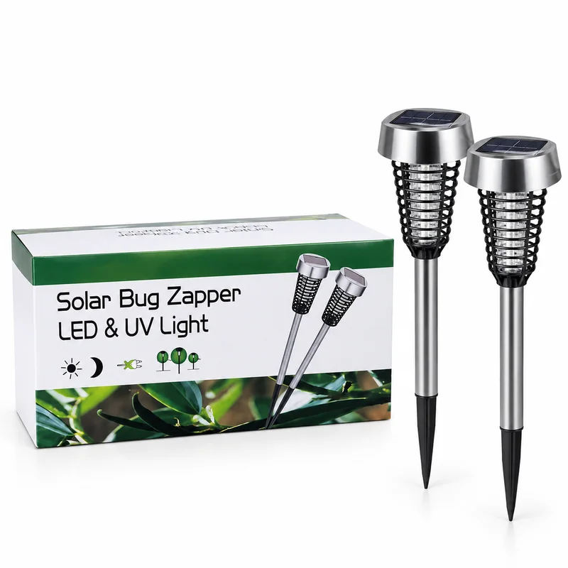 Lámpara solar anti mosquitos de jardín con luz UV junto a su caja