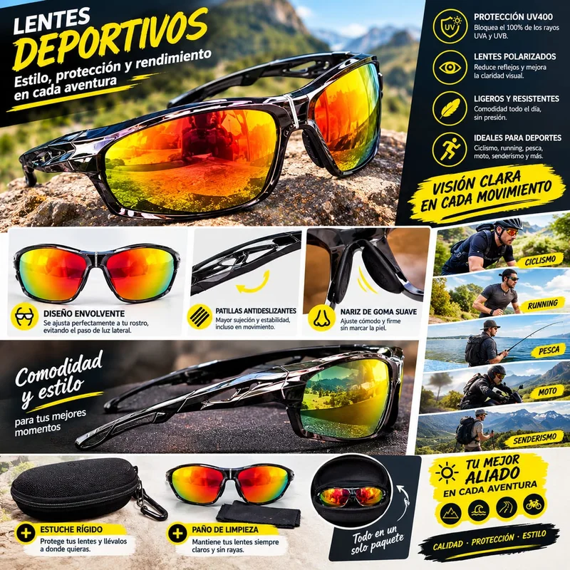 Lentes deportivos envolventes con lentes de colores