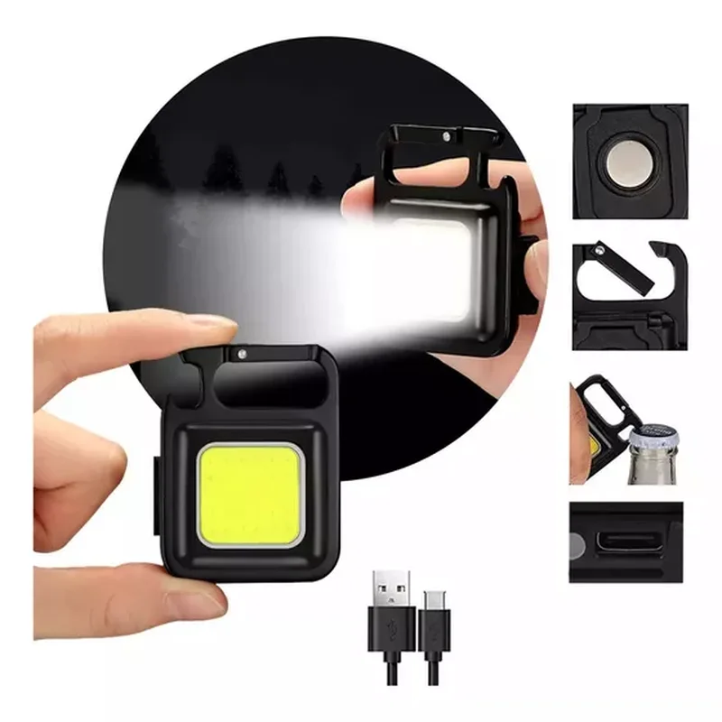 Mini linterna llavero encendida con mosquetón y cable USB