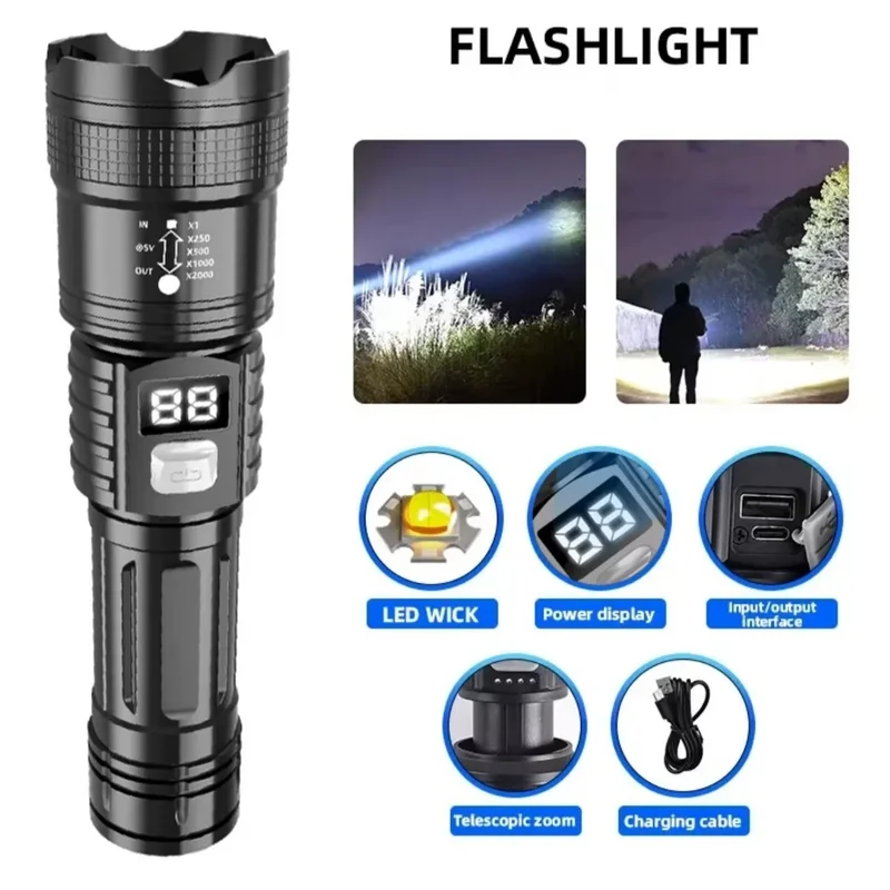 Linterna LED negra recargable con pantalla de batería y zoom