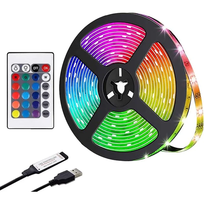 Tira de luces LED de colores enrollada con control remoto y conector USB