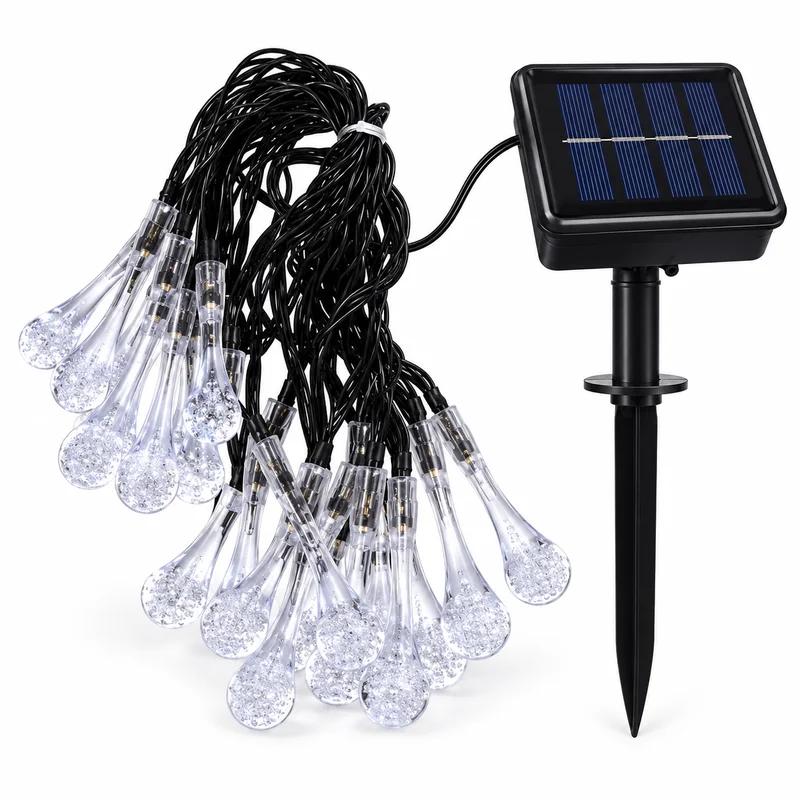 Guirnalda de luces LED con forma de gota y panel solar con estaca