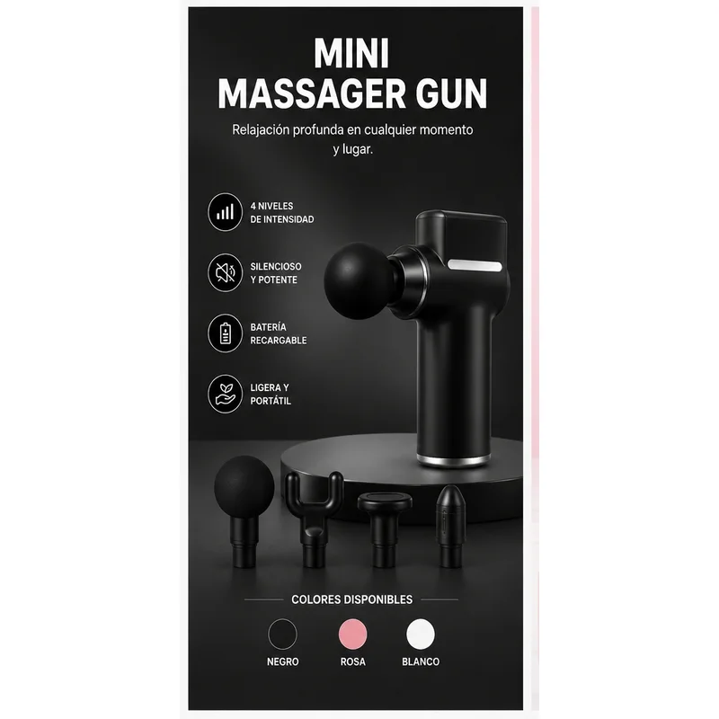Mini masajeador de percusión negro con sus cabezales