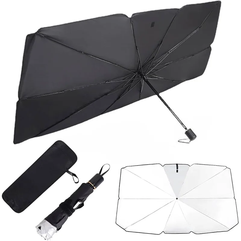 Parasol tipo paraguas para parabrisas, abierto y plegado en su funda