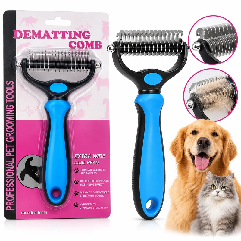 Peine cortanudos azul y negro de doble cara para perros y gatos