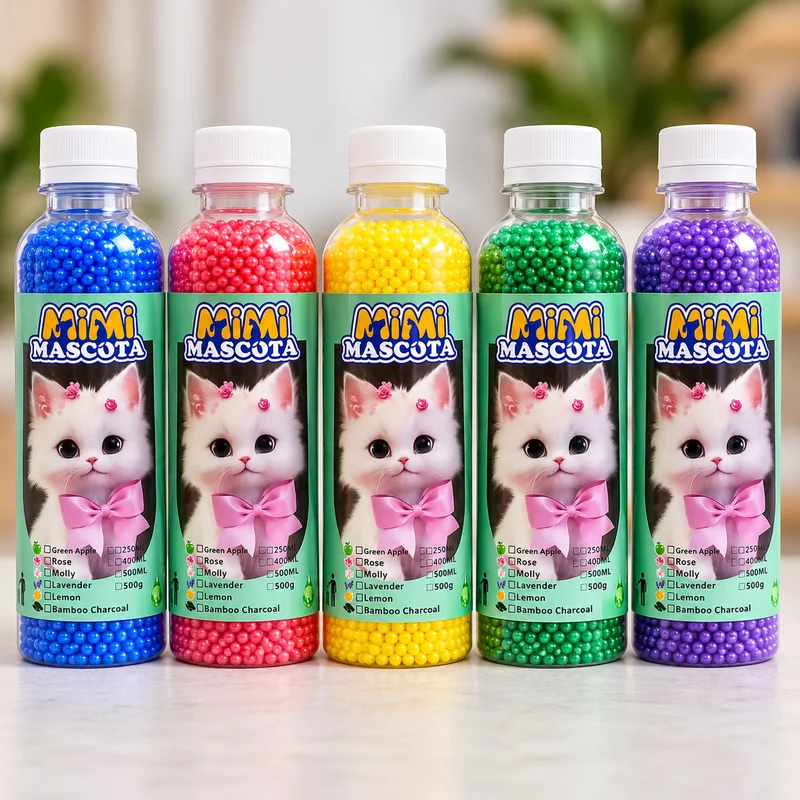 Frascos de perlas aromáticas de colores para arenero de gato