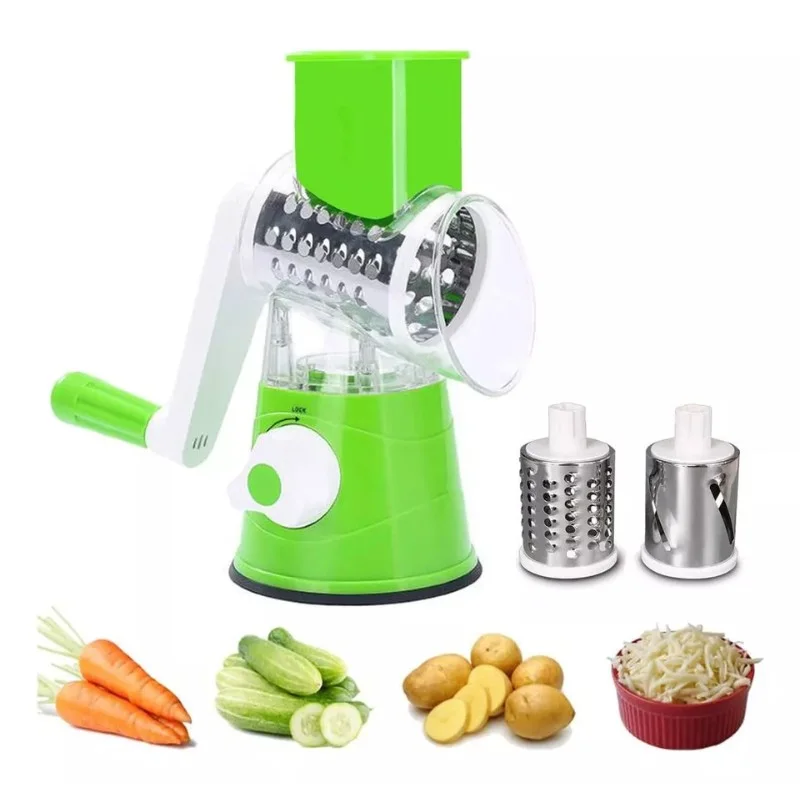 Rallador verde con manivela y tres tambores de acero