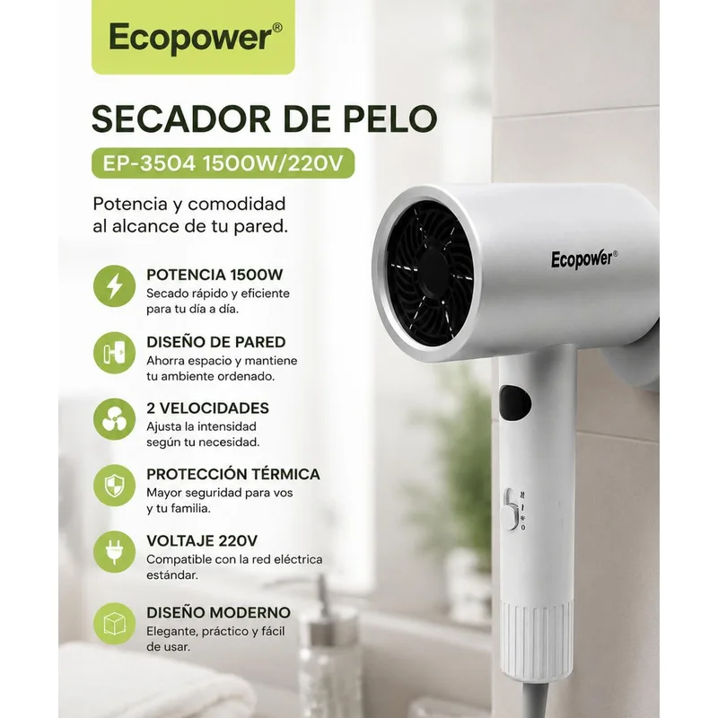 Secador de pelo blanco de pared marca Ecopower