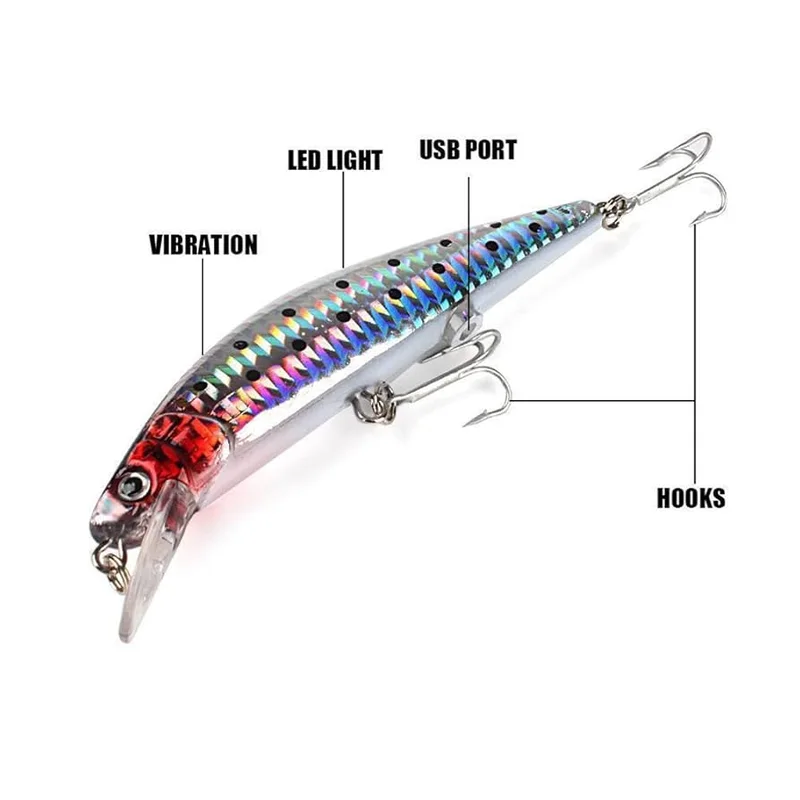 Señuelo de pesca con luz LED, vibración y puerto USB