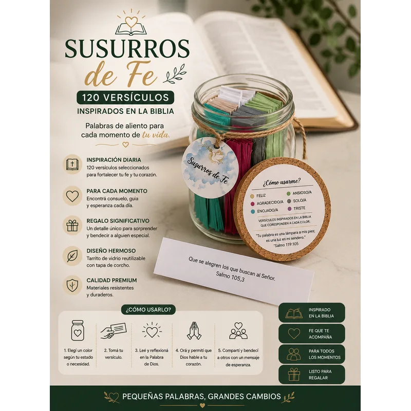 Frasco de vidrio con 120 versículos bíblicos enrollados de colores