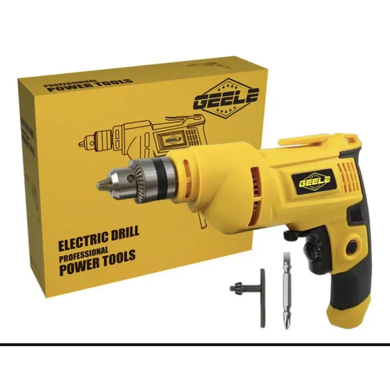 Taladro eléctrico amarillo de 850 W junto a su caja