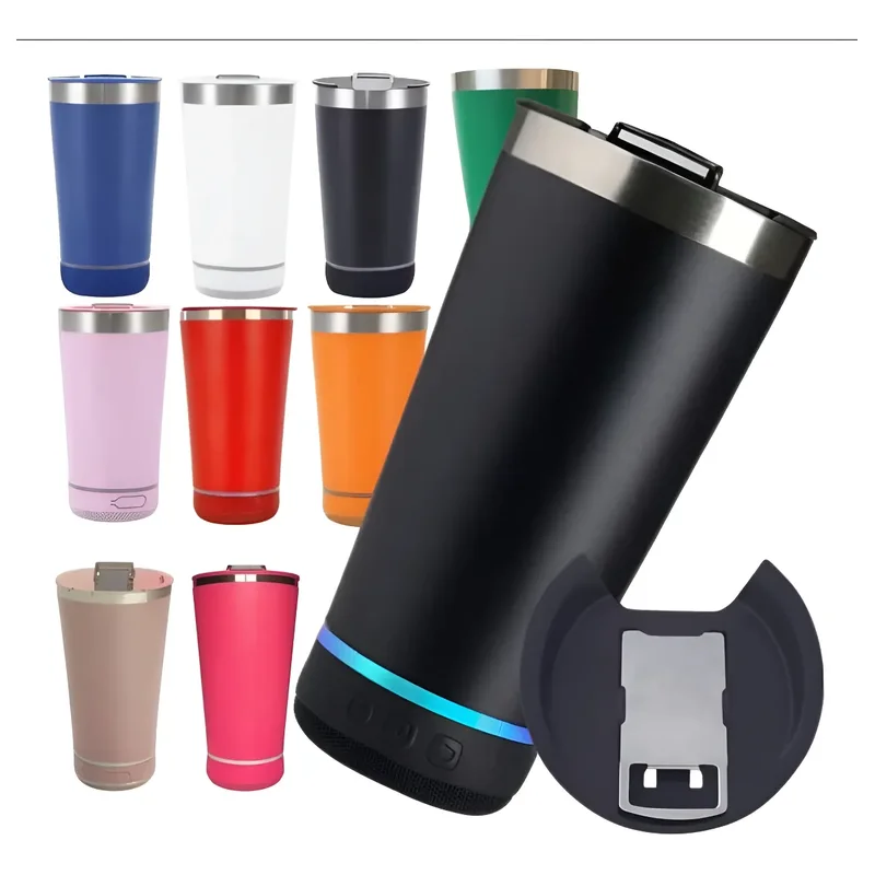 Vaso térmico negro con parlante bluetooth en la base y modelos de colores