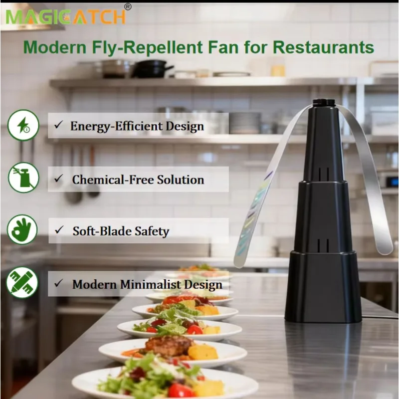Ventilador espanta moscas de mesa con aspas suaves junto a platos de comida
