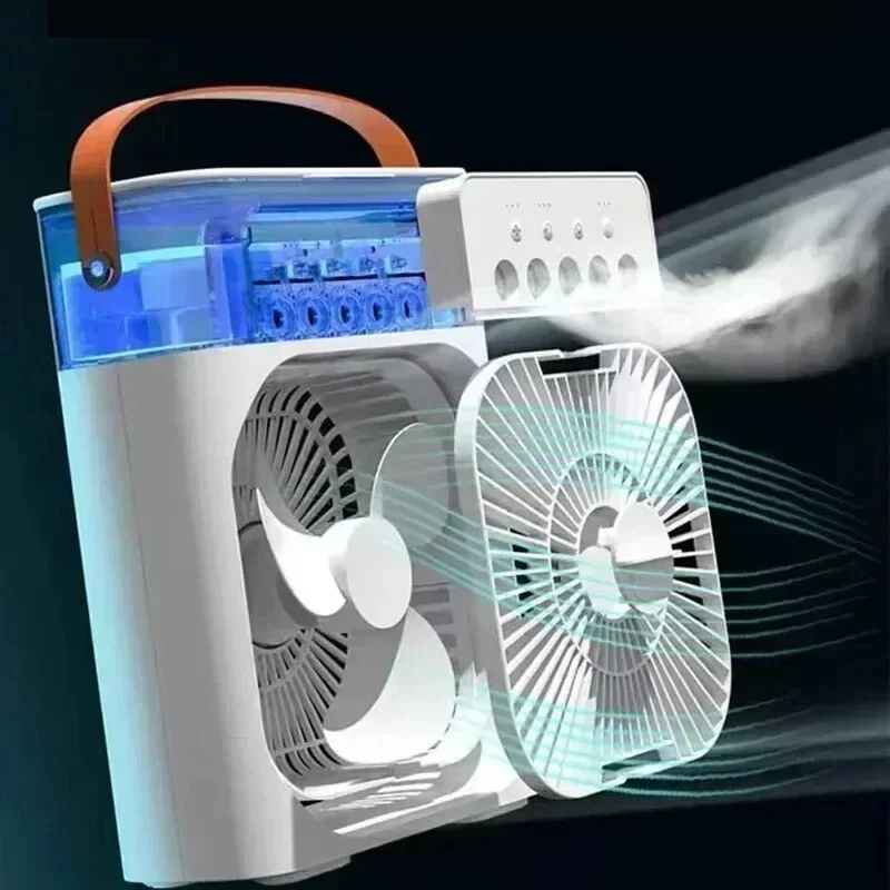 Ventilador portátil blanco con tanque de agua que rocía bruma fresca
